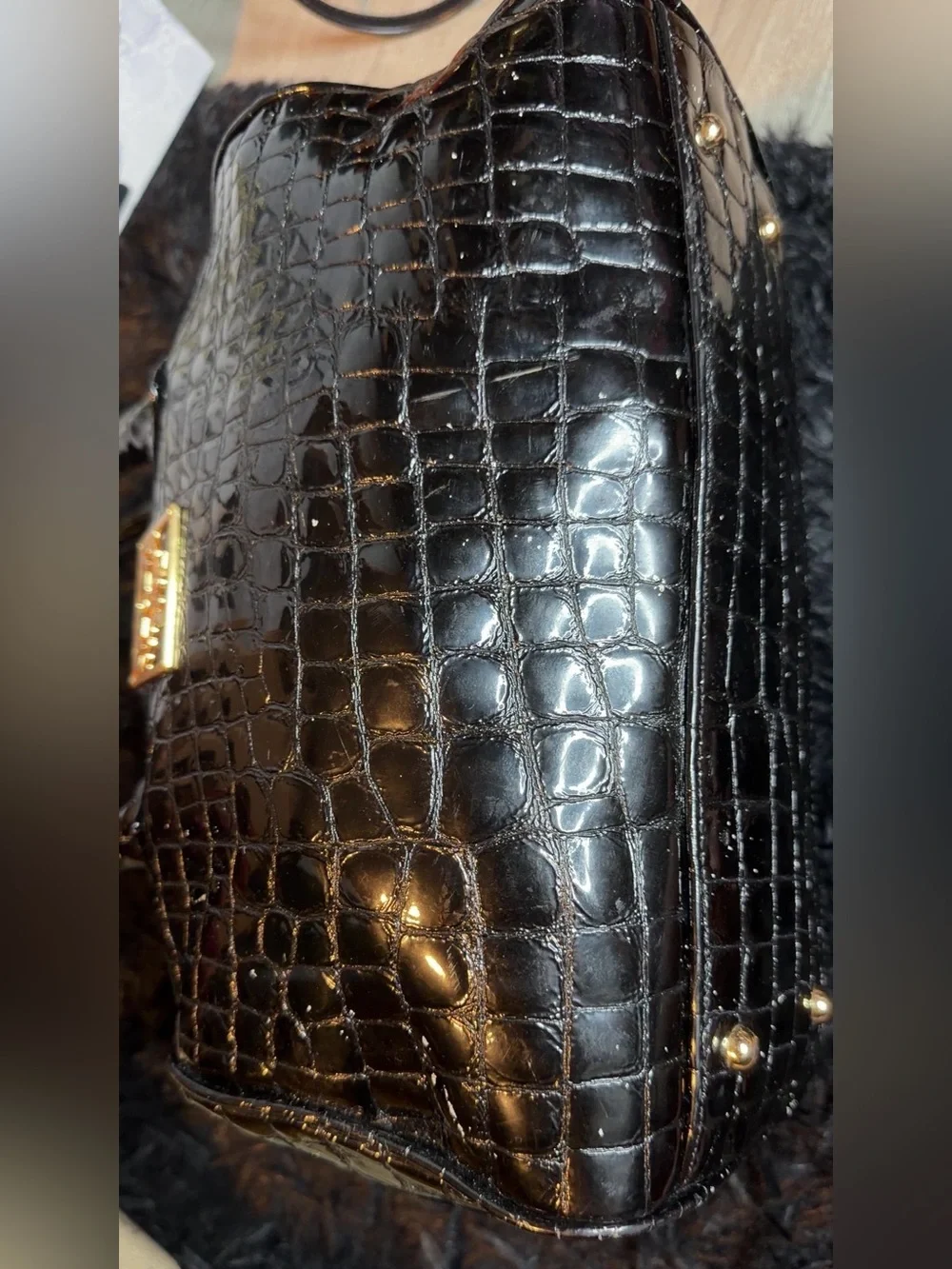 MCM Black Croc-Embossed Leather Satchel with Gold Logo Plaque